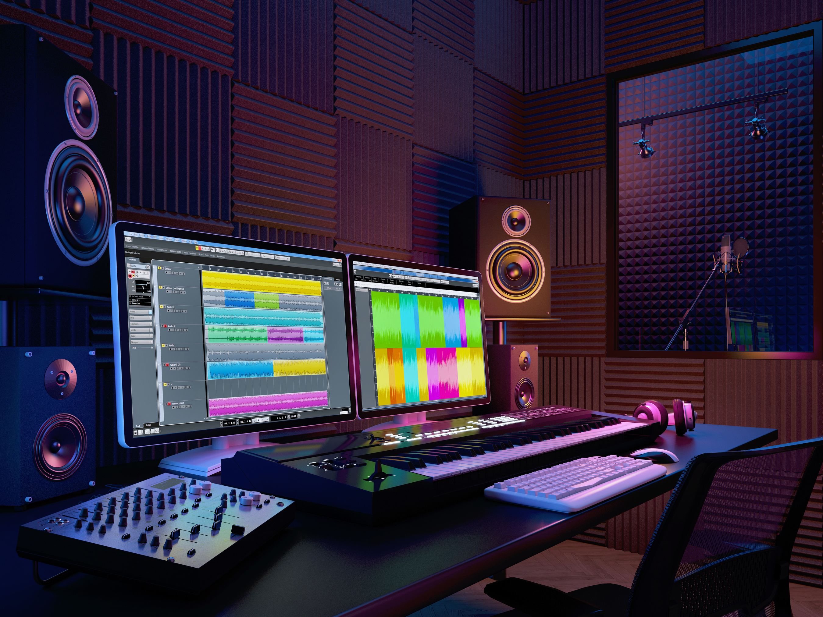 Audio workplace,recording studio,computer music studio.3d rendering